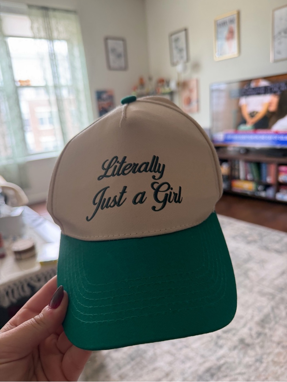 "Literally Just a Girl" Beige and Green Trucker Hat